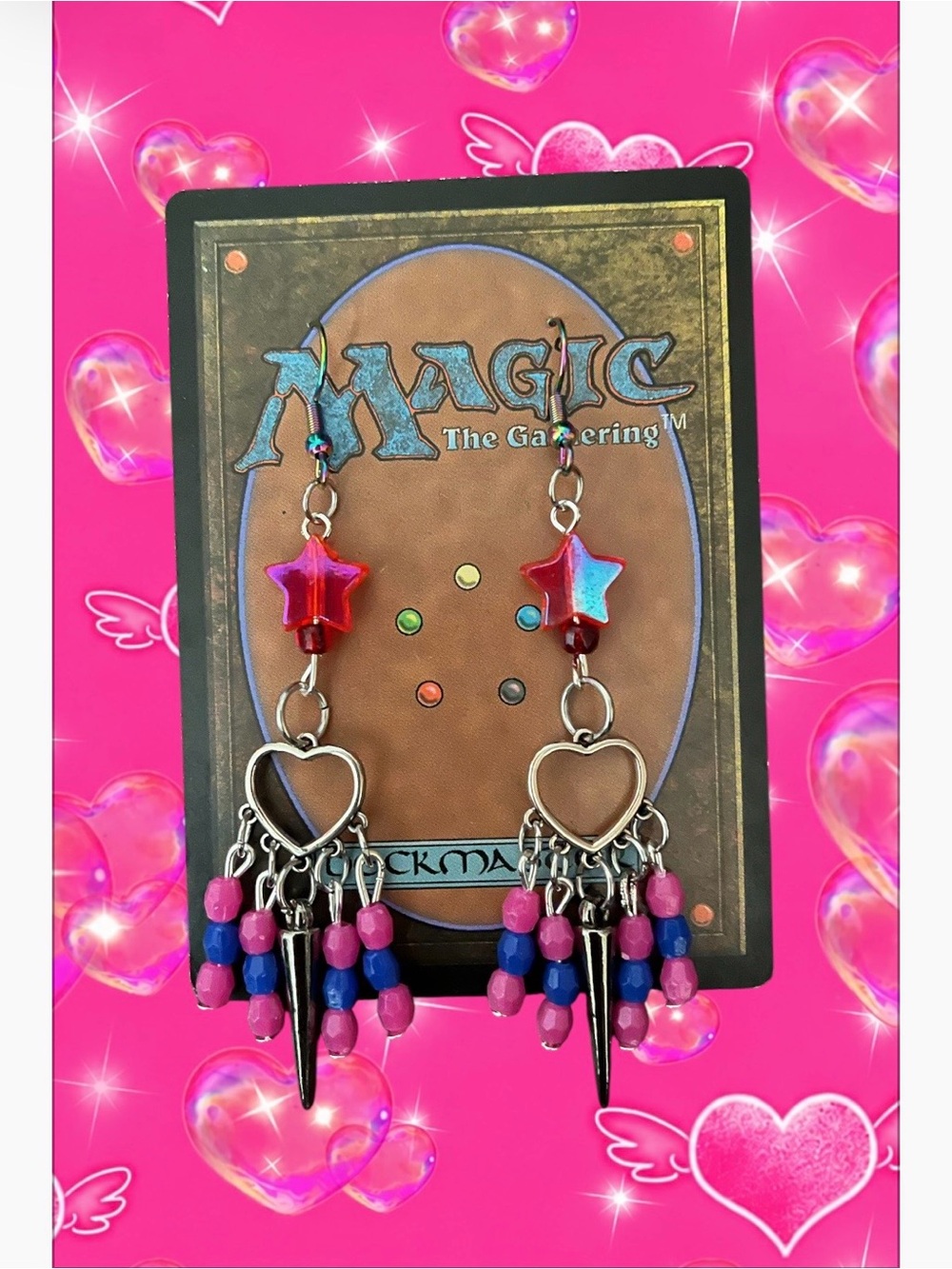 Pink & Blue Beaded Star Heart Dangle Earrings